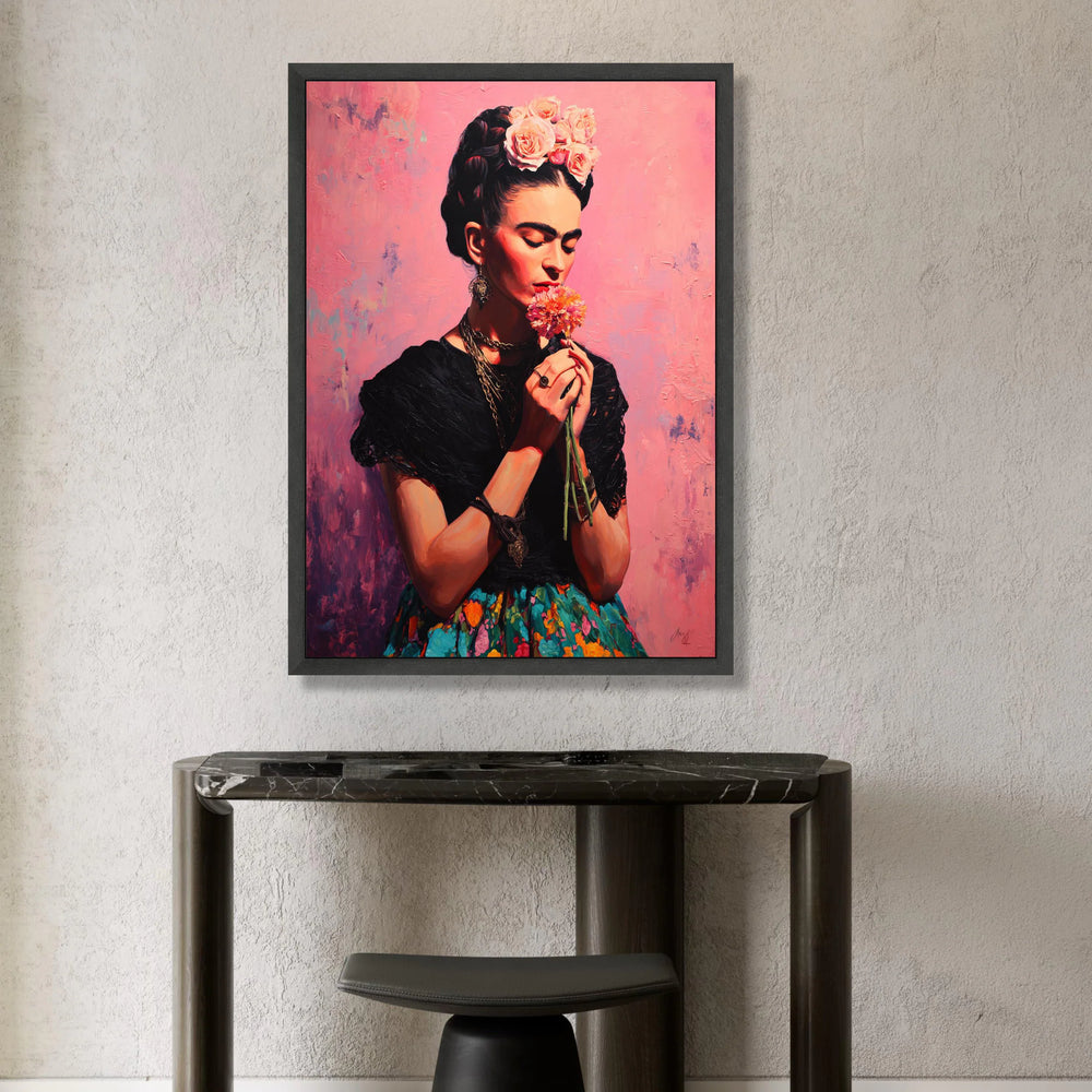 Elegant Woman with Flower Bouquet, Floral Headpiece Canvas, Soft Pink Background, Ethnic Portrait Wall Art, Decorative Home Canvas Print Art