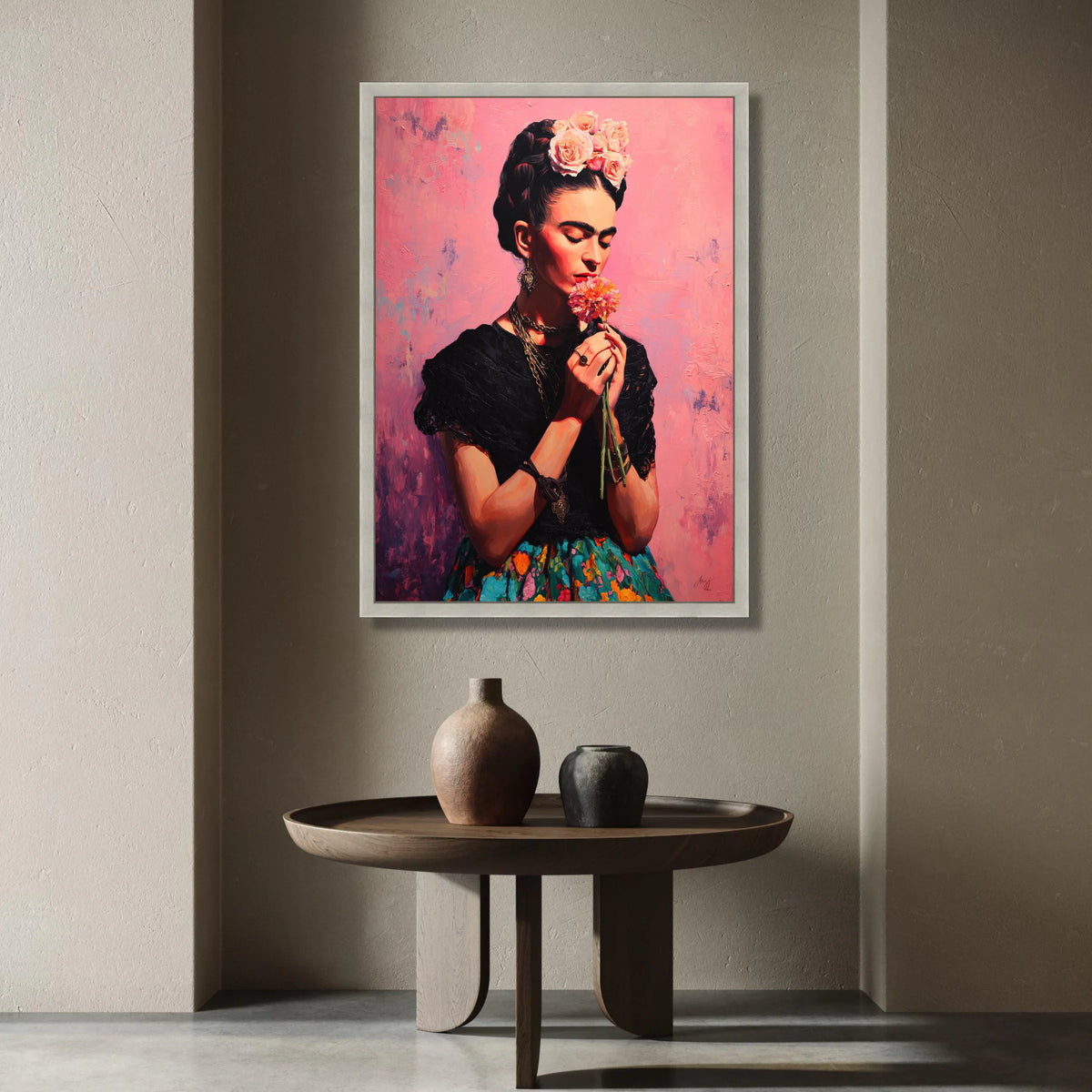 Elegant Woman with Flower Bouquet, Floral Headpiece Canvas, Soft Pink Background, Ethnic Portrait Wall Art, Decorative Home Canvas Print Art