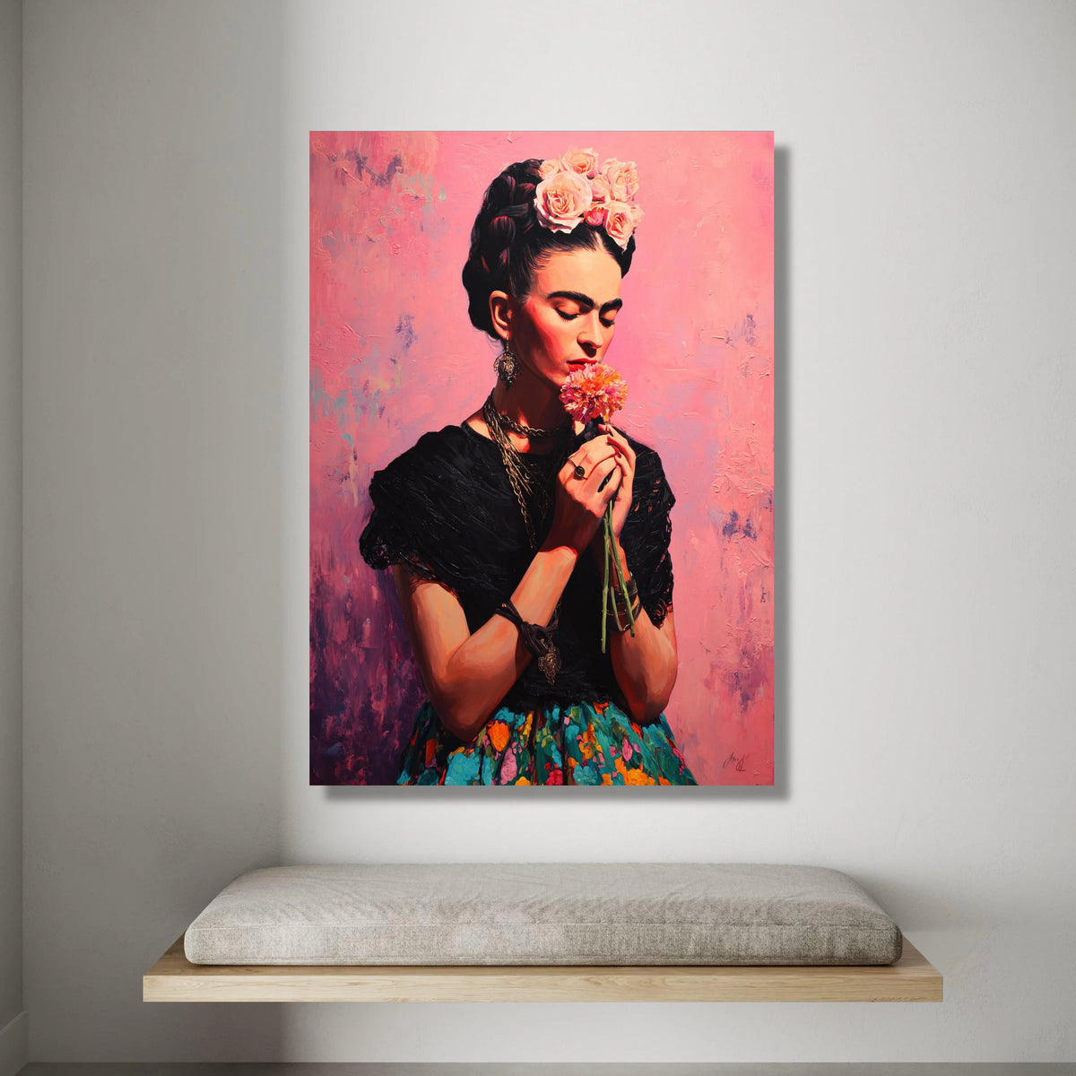 Elegant Woman with Flower Bouquet, Floral Headpiece Canvas, Soft Pink Background, Ethnic Portrait Wall Art, Decorative Home Canvas Print Art