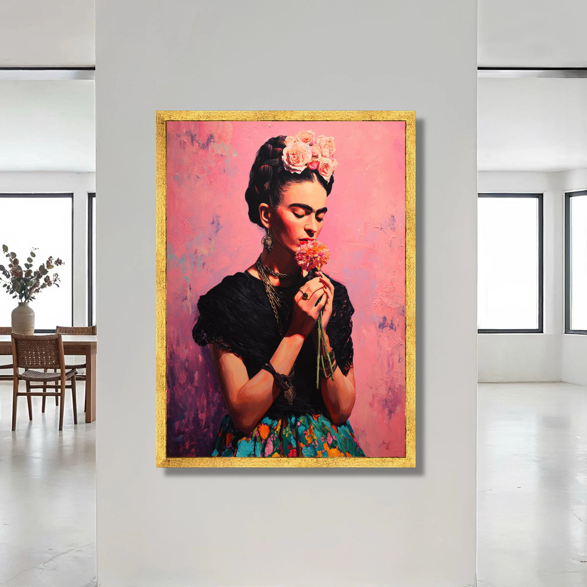 Elegant Woman with Flower Bouquet, Floral Headpiece Canvas, Soft Pink Background, Ethnic Portrait Wall Art, Decorative Home Canvas Print Art