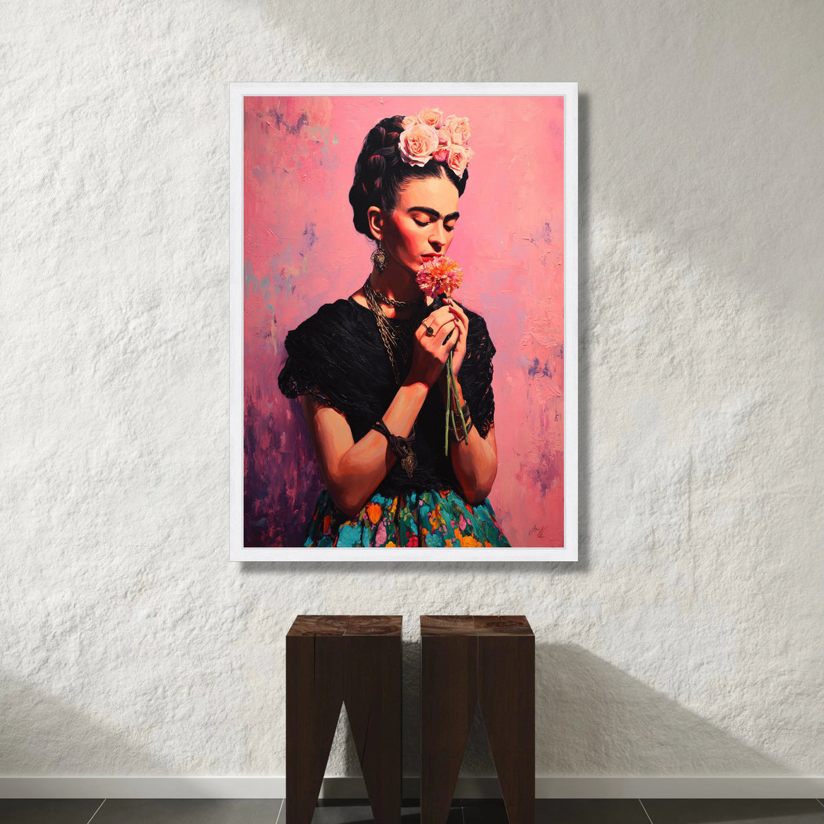 Elegant Woman with Flower Bouquet, Floral Headpiece Canvas, Soft Pink Background, Ethnic Portrait Wall Art, Decorative Home Canvas Print Art
