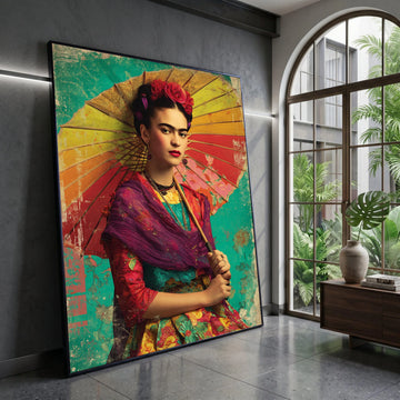 Vibrant Frida Portrait Canvas, Colorful Floral Dress Wall Art, Mexican Folk Art Canvas, Ready to Hang Home Decoration Canvas Print Art