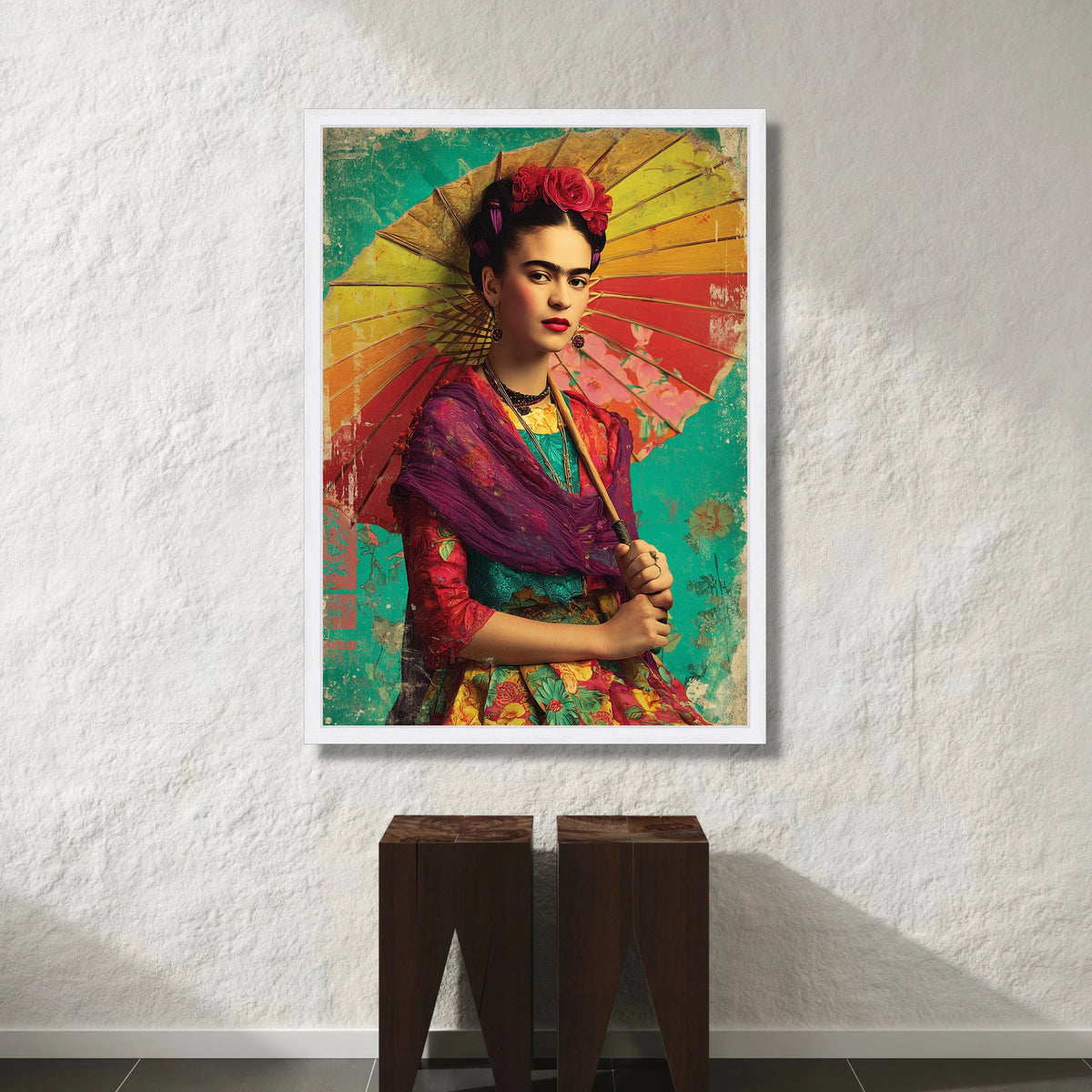 Vibrant Frida Portrait Canvas, Colorful Floral Dress Wall Art, Mexican Folk Art Canvas, Ready to Hang Home Decoration Canvas Print Art