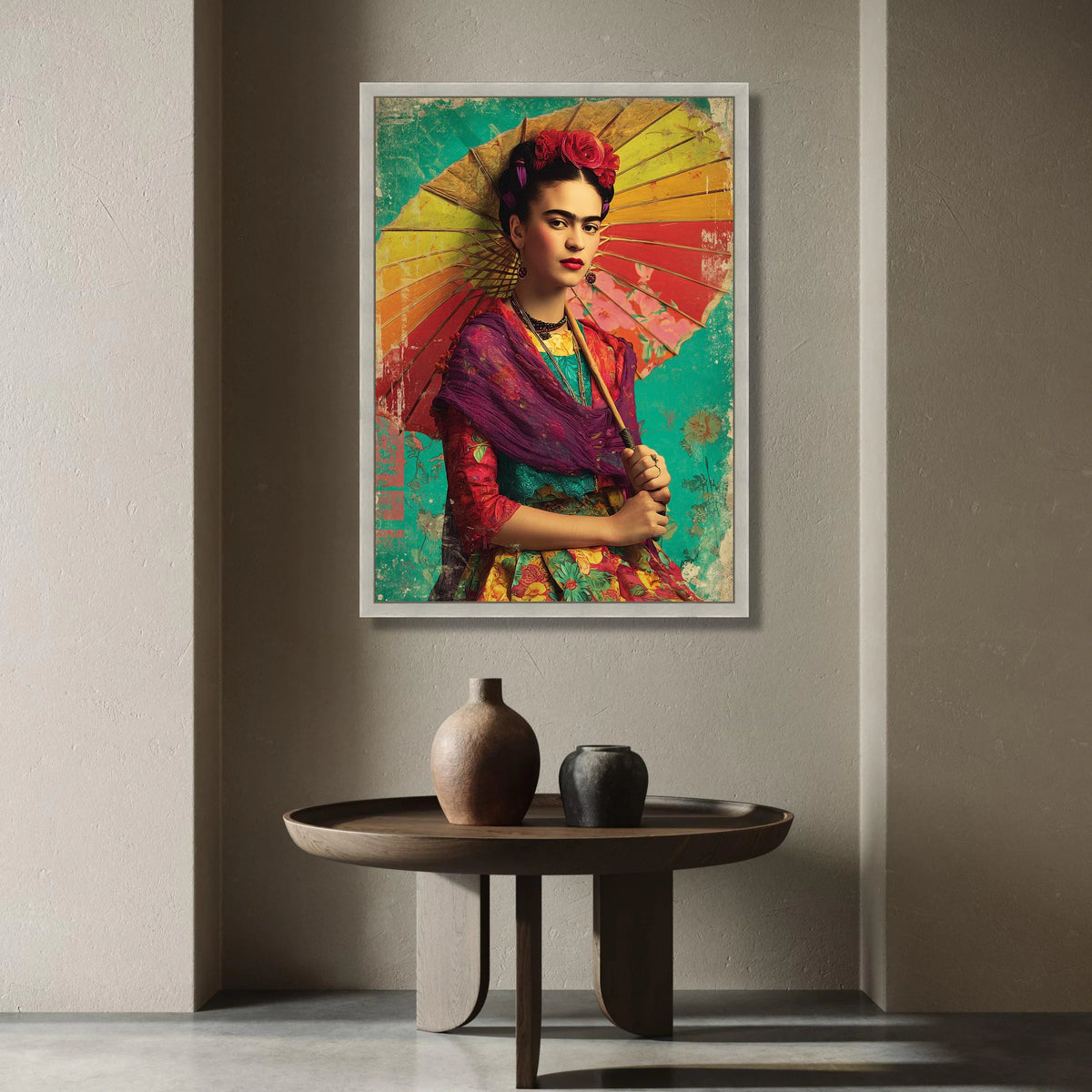 Vibrant Frida Portrait Canvas, Colorful Floral Dress Wall Art, Mexican Folk Art Canvas, Ready to Hang Home Decoration Canvas Print Art