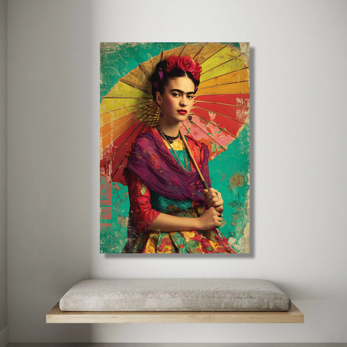 Vibrant Frida Portrait Canvas, Colorful Floral Dress Wall Art, Mexican Folk Art Canvas, Ready to Hang Home Decoration Canvas Print Art