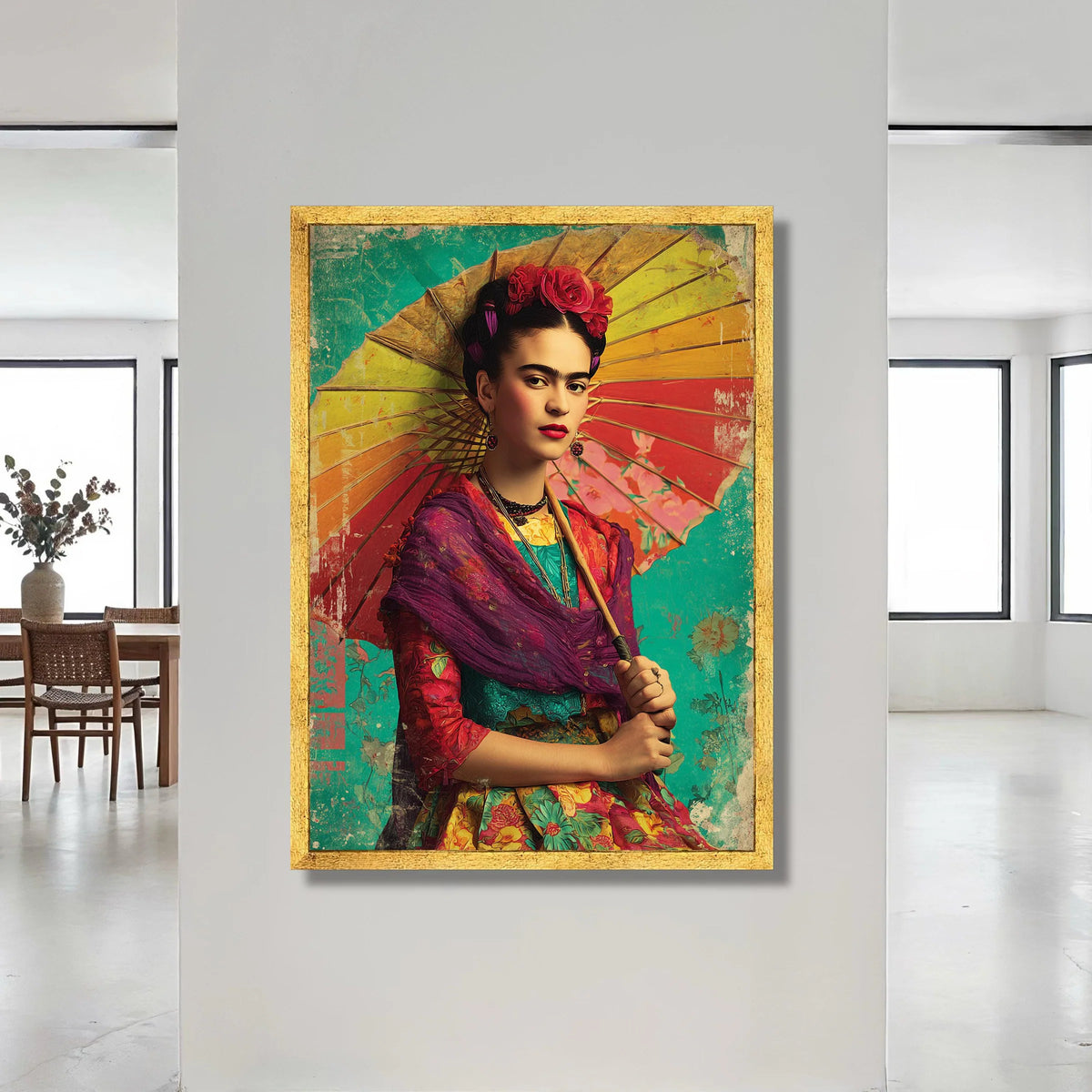 Vibrant Frida Portrait Canvas, Colorful Floral Dress Wall Art, Mexican Folk Art Canvas, Ready to Hang Home Decoration Canvas Print Art