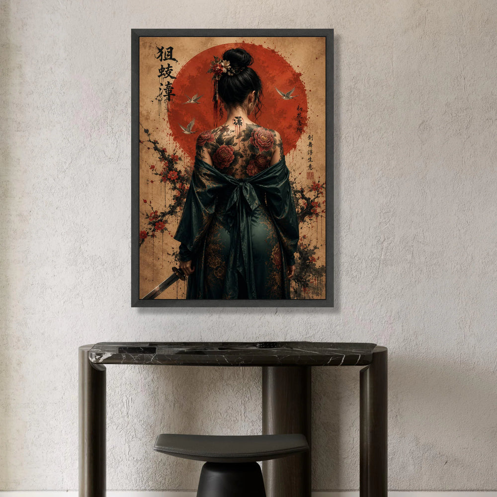 Elegant Geisha Back Tattoo Canvas, Japanese Samurai Sword Art, Floral Cherry Blossom Wall Decoration, Asian Culture Canvas Canvas Print Art