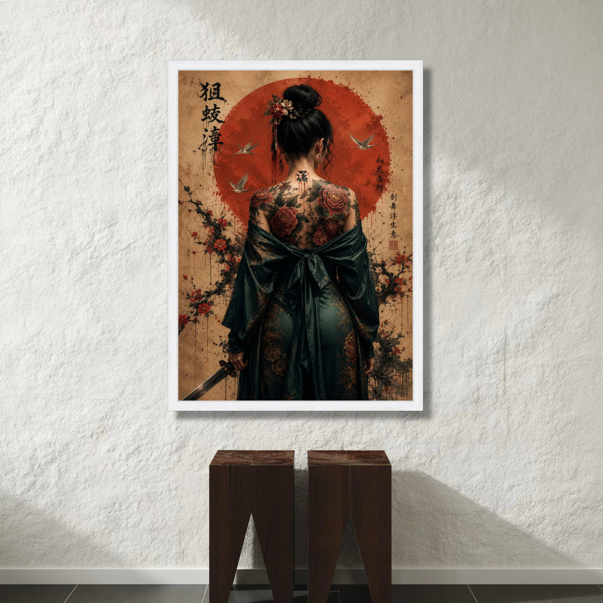 Elegant Geisha Back Tattoo Canvas, Japanese Samurai Sword Art, Floral Cherry Blossom Wall Decoration, Asian Culture Canvas Canvas Print Art
