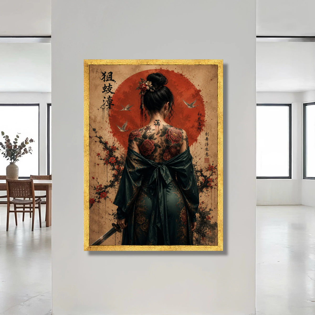 Elegant Geisha Back Tattoo Canvas, Japanese Samurai Sword Art, Floral Cherry Blossom Wall Decoration, Asian Culture Canvas Canvas Print Art