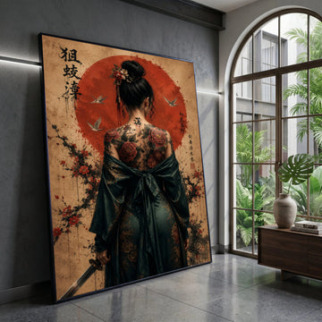 Elegant Geisha Back Tattoo Canvas, Japanese Samurai Sword Art, Floral Cherry Blossom Wall Decoration, Asian Culture Canvas Canvas Print Art