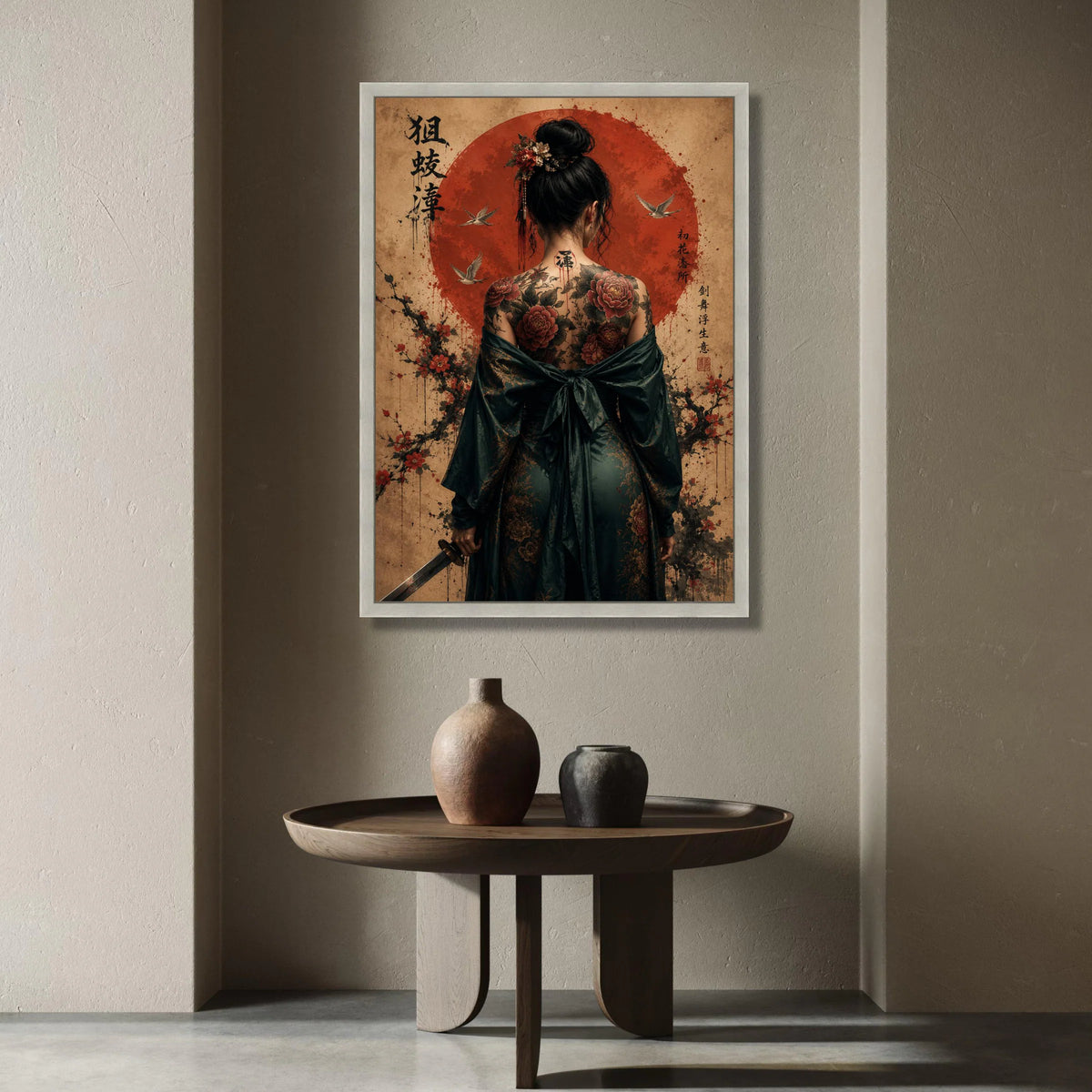 Elegant Geisha Back Tattoo Canvas, Japanese Samurai Sword Art, Floral Cherry Blossom Wall Decoration, Asian Culture Canvas Canvas Print Art