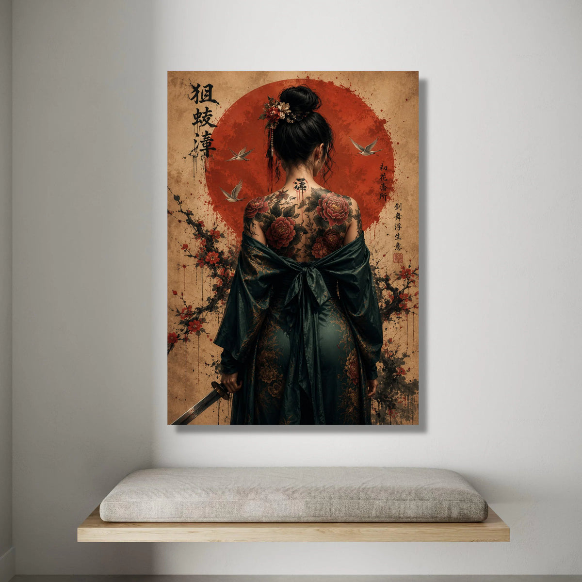 Elegant Geisha Back Tattoo Canvas, Japanese Samurai Sword Art, Floral Cherry Blossom Wall Decoration, Asian Culture Canvas Canvas Print Art