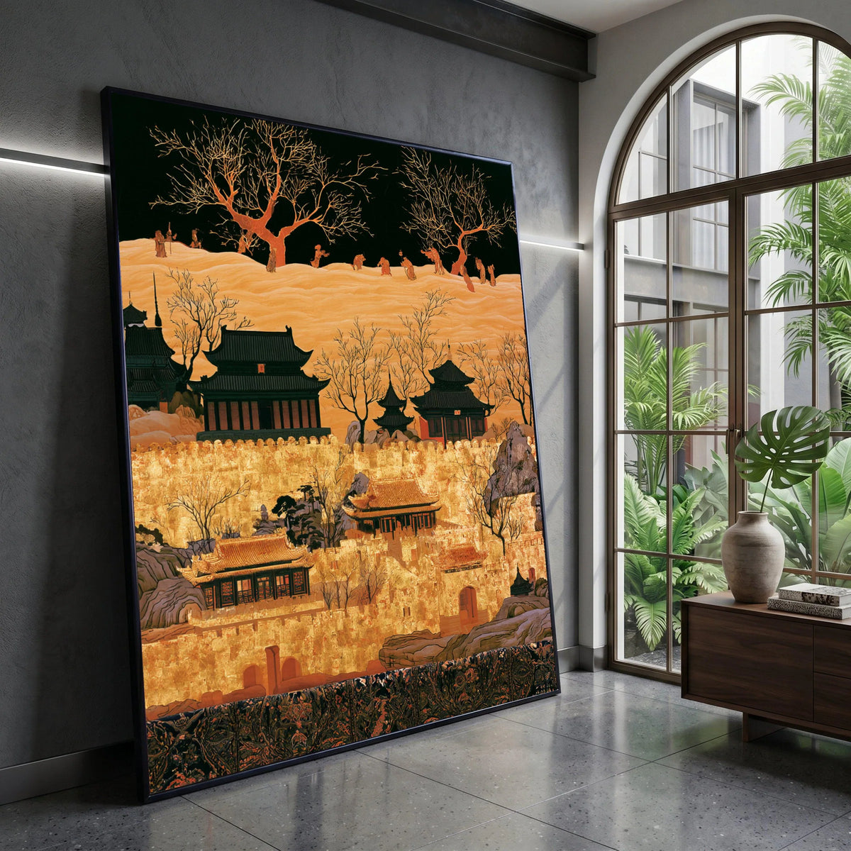 Golden Imperial Fortress Canvas, Asian Architecture Wall Art, Traditional Landscape Canvas, Oriental Castle Decoration, Canvas Print Art