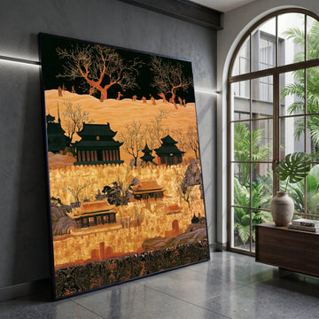 Golden Imperial Fortress Canvas, Asian Architecture Wall Art, Traditional Landscape Canvas, Oriental Castle Decoration, Canvas Print Art