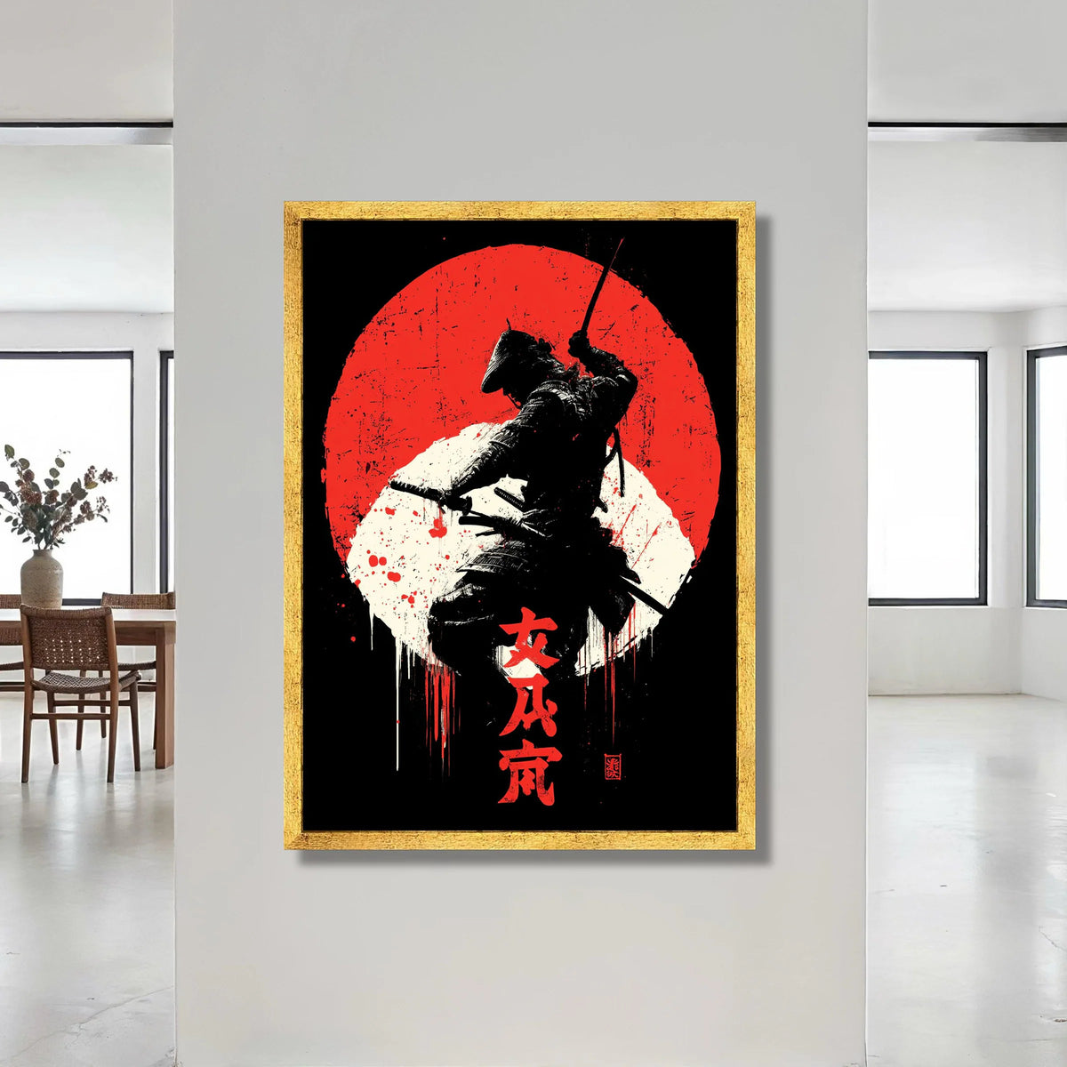 Bold Samurai Warrior Canvas, Red and White Rising Sun, Japanese Sword Art, Asian Wall Decoration, Modern Warrior Silhouette Canvas Print Art