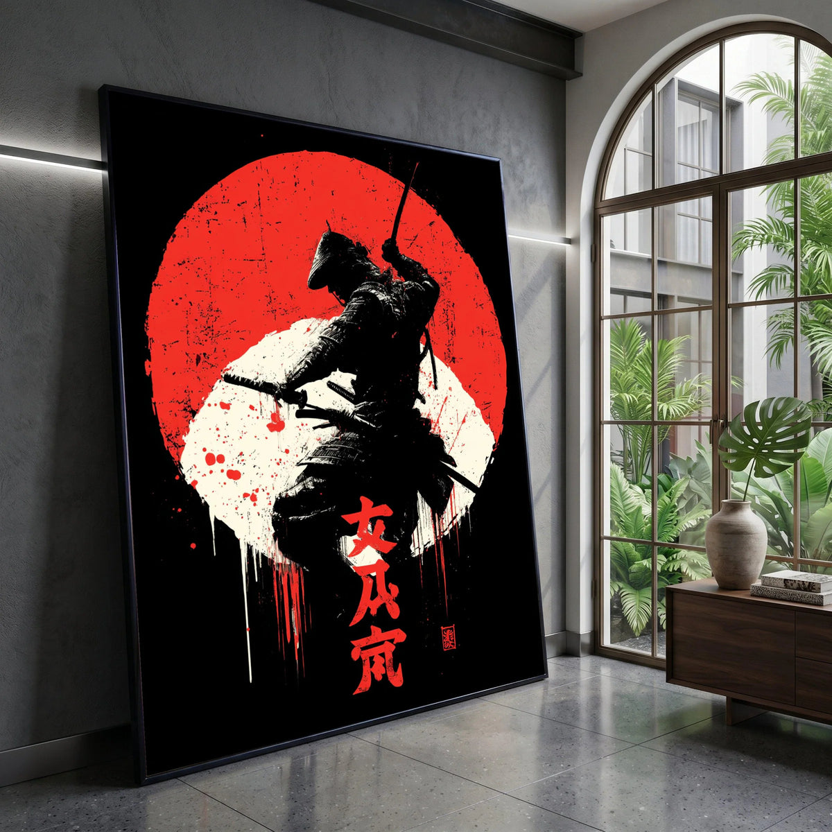 Bold Samurai Warrior Canvas, Red and White Rising Sun, Japanese Sword Art, Asian Wall Decoration, Modern Warrior Silhouette Canvas Print Art