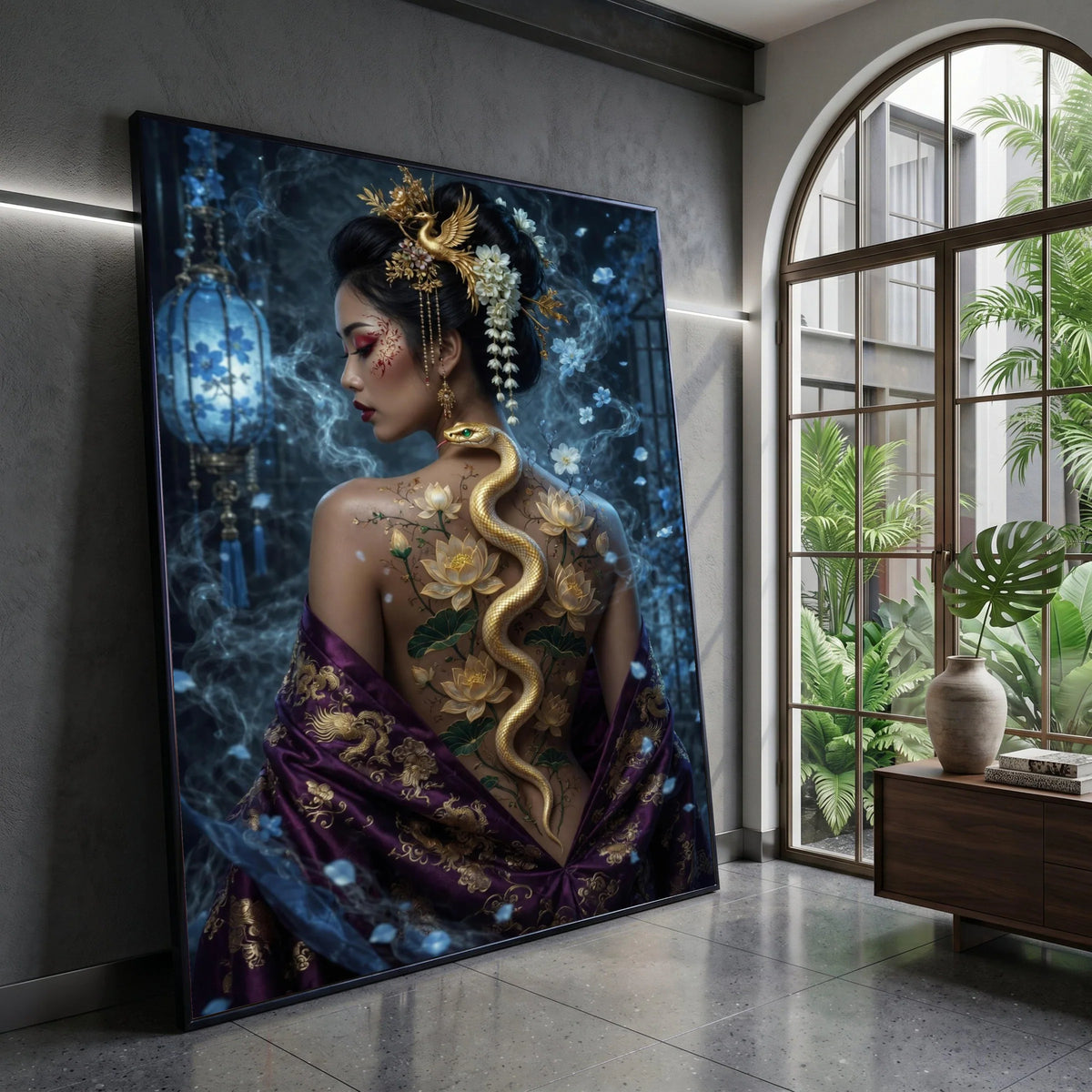 Elegant Asian Woman with Golden Snake and Lotus Flowers Canvas, Oriental Beauty Wall Art, Mystical Floral Back Design, Canvas Print Art