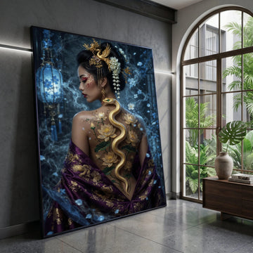 Elegant Asian Woman with Golden Snake and Lotus Flowers Canvas, Oriental Beauty Wall Art, Mystical Floral Back Design, Canvas Print Art