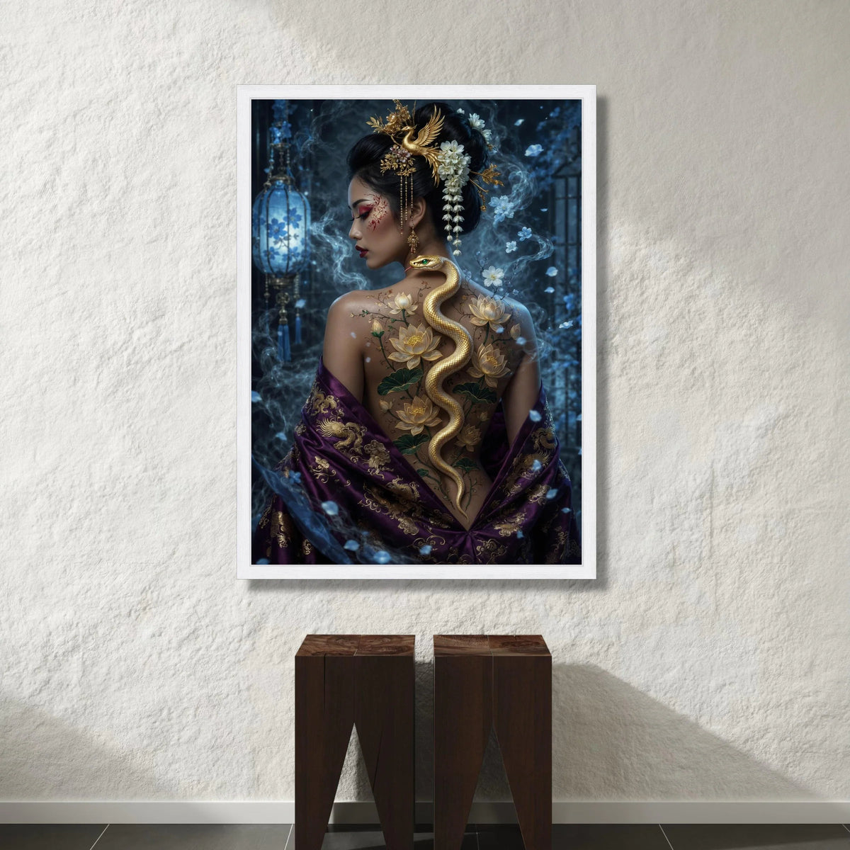 Elegant Asian Woman with Golden Snake and Lotus Flowers Canvas, Oriental Beauty Wall Art, Mystical Floral Back Design, Canvas Print Art