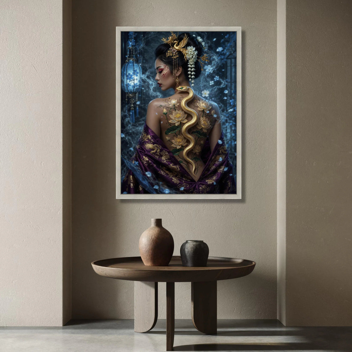 Elegant Asian Woman with Golden Snake and Lotus Flowers Canvas, Oriental Beauty Wall Art, Mystical Floral Back Design, Canvas Print Art