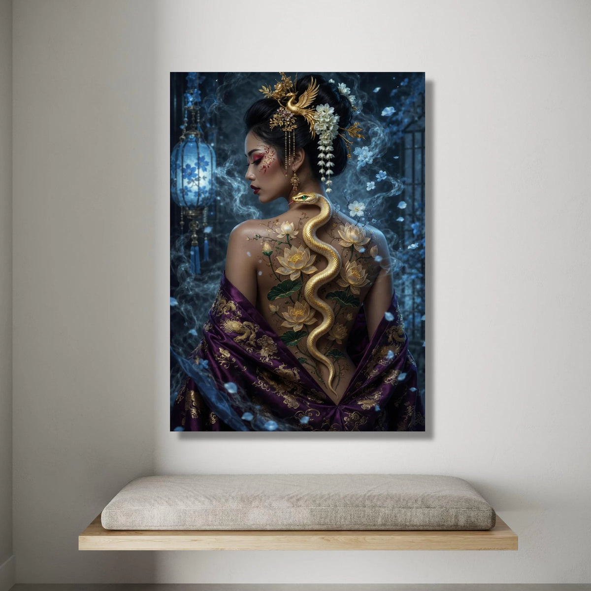 Elegant Asian Woman with Golden Snake and Lotus Flowers Canvas, Oriental Beauty Wall Art, Mystical Floral Back Design, Canvas Print Art
