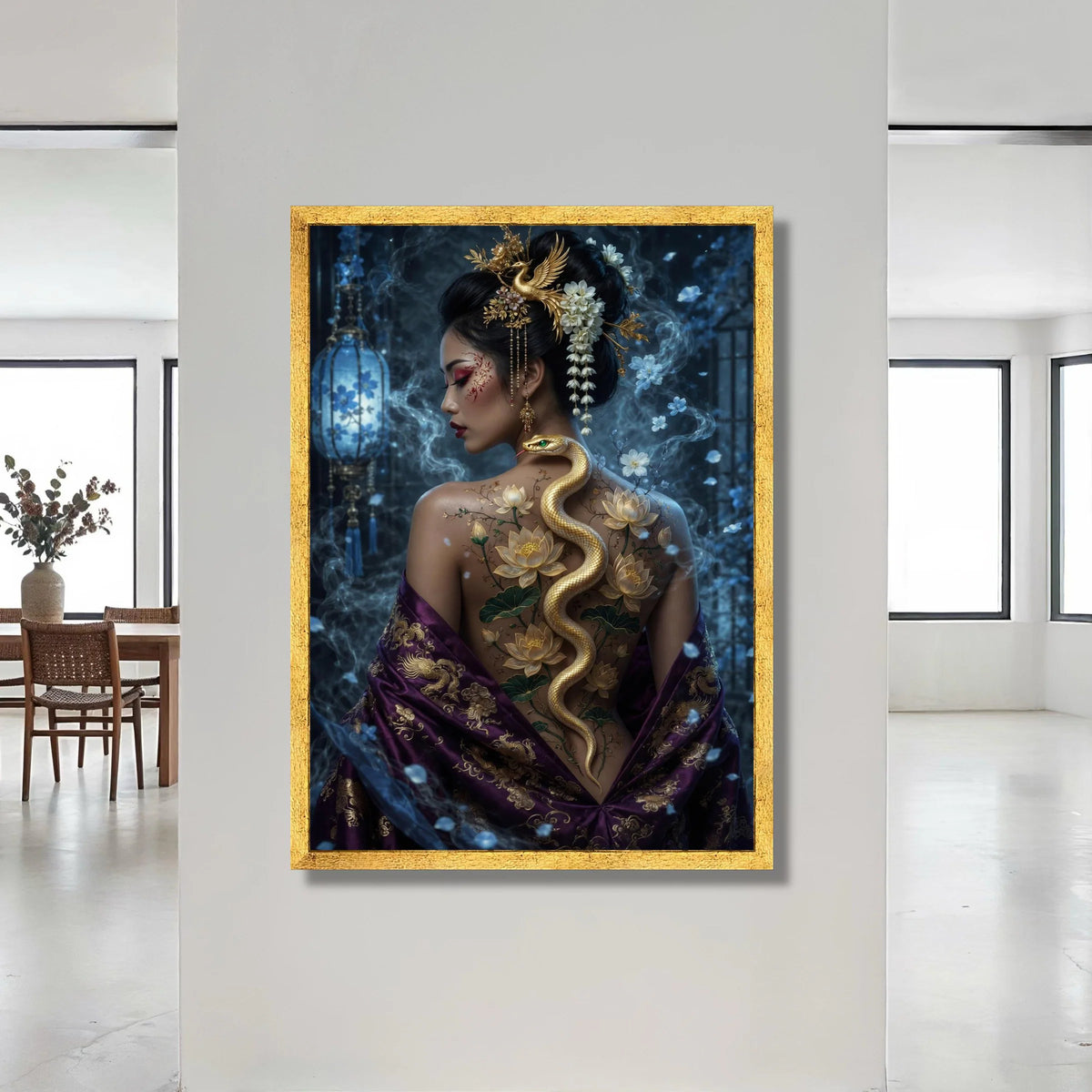 Elegant Asian Woman with Golden Snake and Lotus Flowers Canvas, Oriental Beauty Wall Art, Mystical Floral Back Design, Canvas Print Art