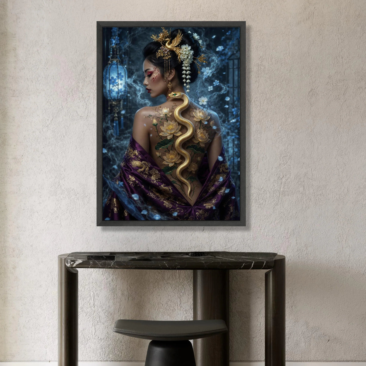 Elegant Asian Woman with Golden Snake and Lotus Flowers Canvas, Oriental Beauty Wall Art, Mystical Floral Back Design, Canvas Print Art