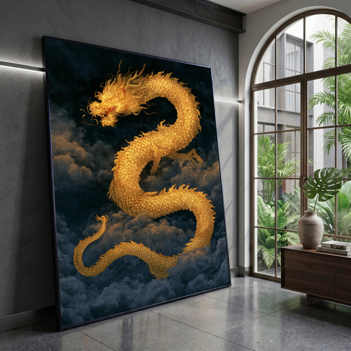 Golden Dragon Canvas Wall Art, Mystical Asian Dragon Painting, Fantasy Sky Illustration, Asian Mythology Decor, Home Living Canvas Print Art