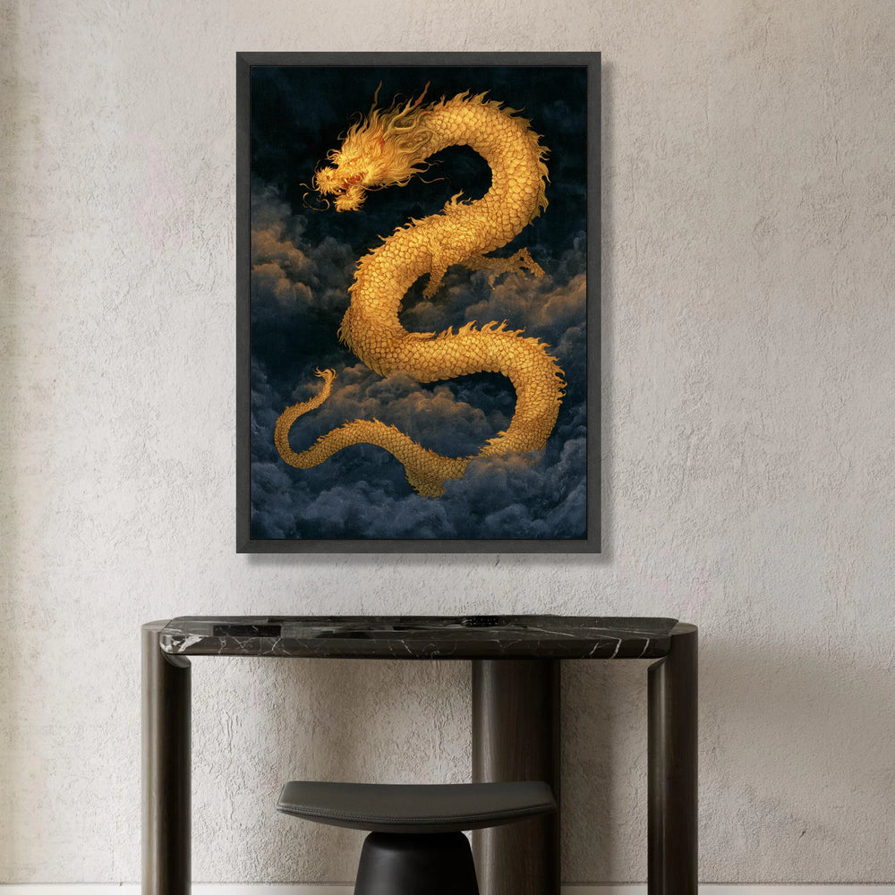 Golden Dragon Canvas Wall Art, Mystical Asian Dragon Painting, Fantasy Sky Illustration, Asian Mythology Decor, Home Living Canvas Print Art