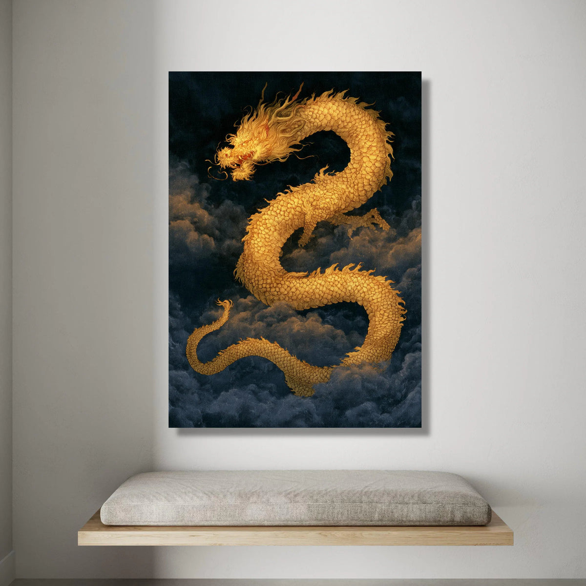 Golden Dragon Canvas Wall Art, Mystical Asian Dragon Painting, Fantasy Sky Illustration, Asian Mythology Decor, Home Living Canvas Print Art
