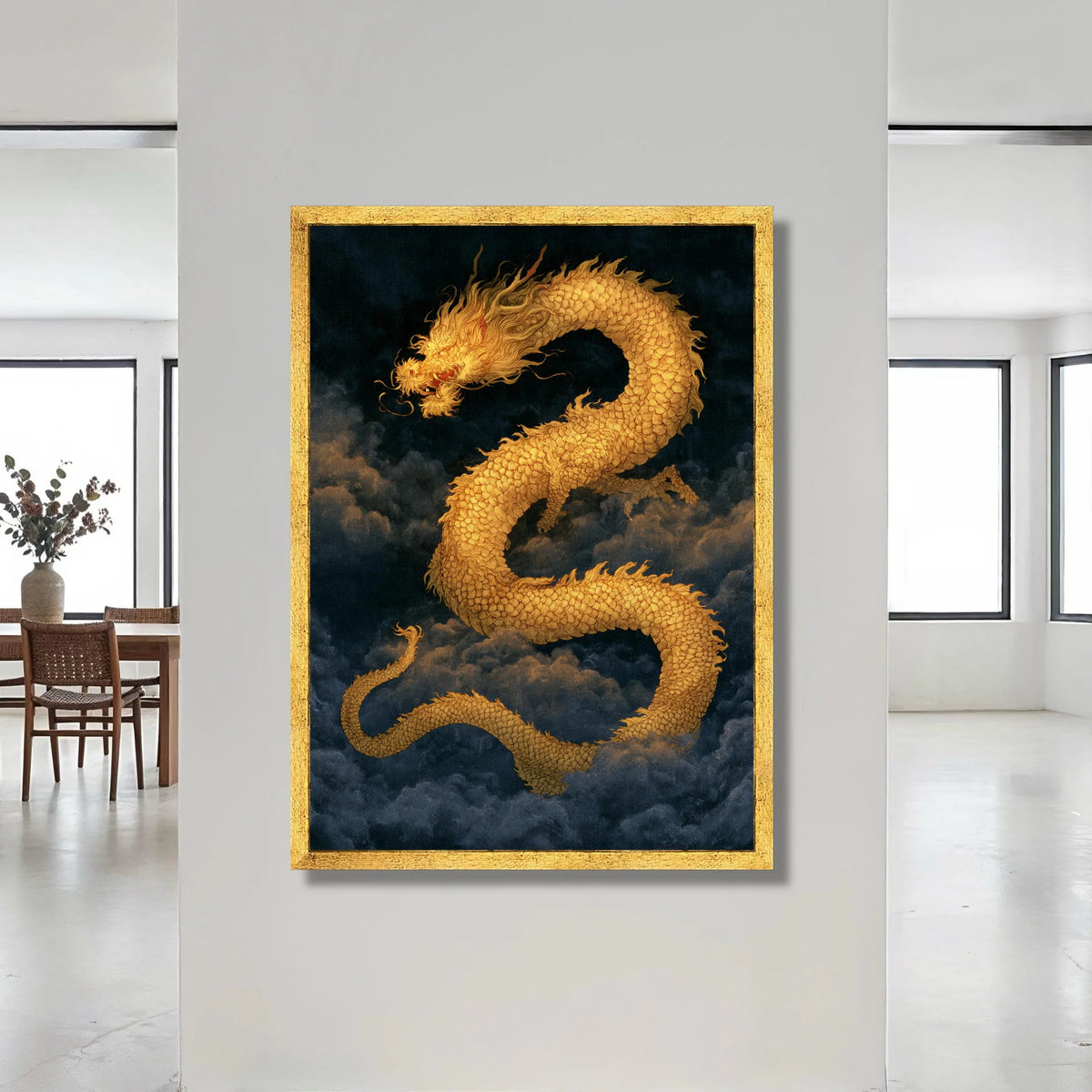 Golden Dragon Canvas Wall Art, Mystical Asian Dragon Painting, Fantasy Sky Illustration, Asian Mythology Decor, Home Living Canvas Print Art