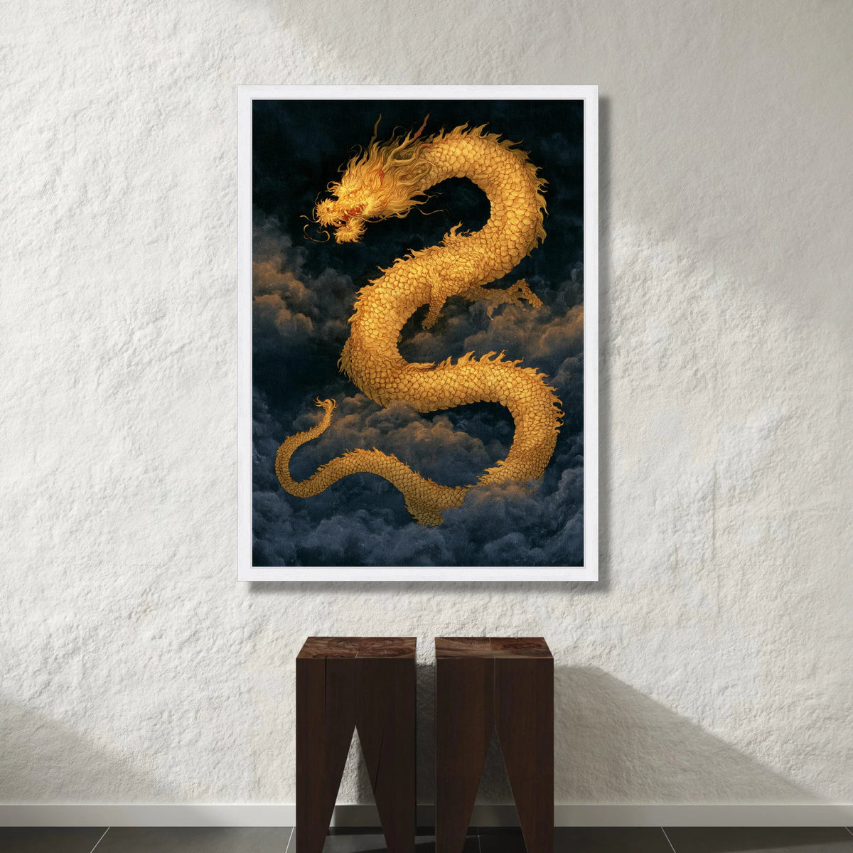 Golden Dragon Canvas Wall Art, Mystical Asian Dragon Painting, Fantasy Sky Illustration, Asian Mythology Decor, Home Living Canvas Print Art