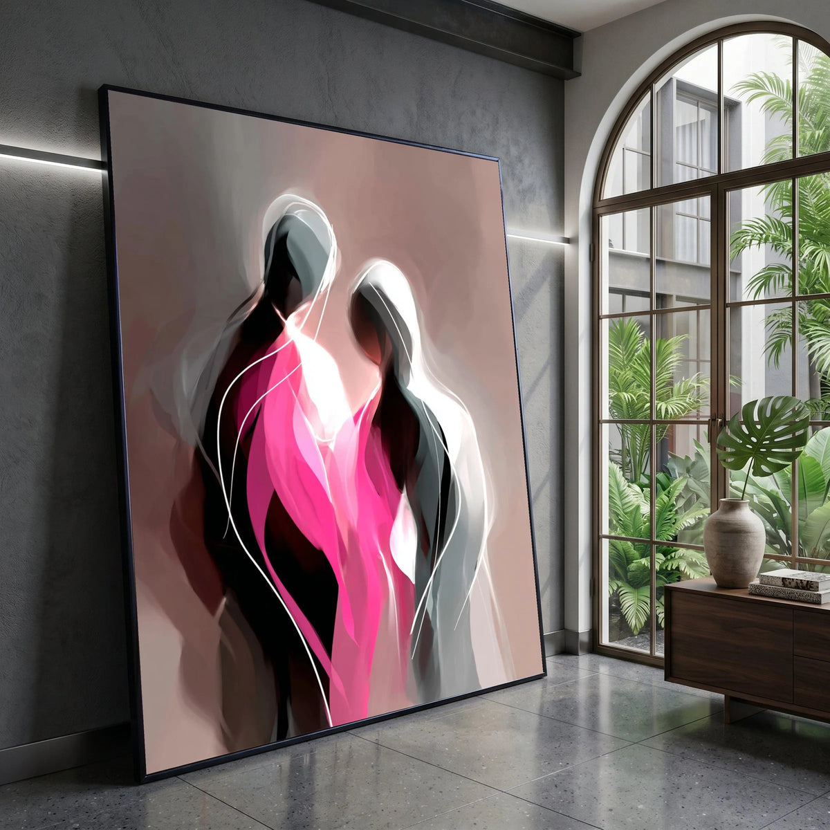 Abstract Couple Silhouette Canvas, Modern Love Art, Pink and Gray Wall Decoration, Romantic Home Canvas, Contemporary Canvas Print Art
