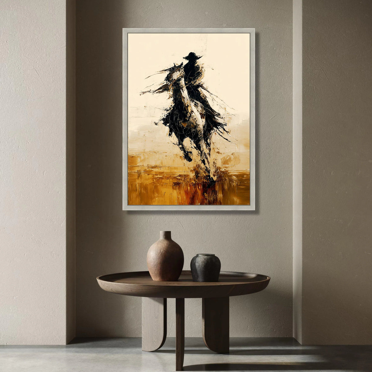 Abstract Cowboy Riding Horse Canvas, Western Rodeo Wall Art, Dynamic Movement Canvas Decor, Equestrian Silhouette Painting, Canvas Print Art