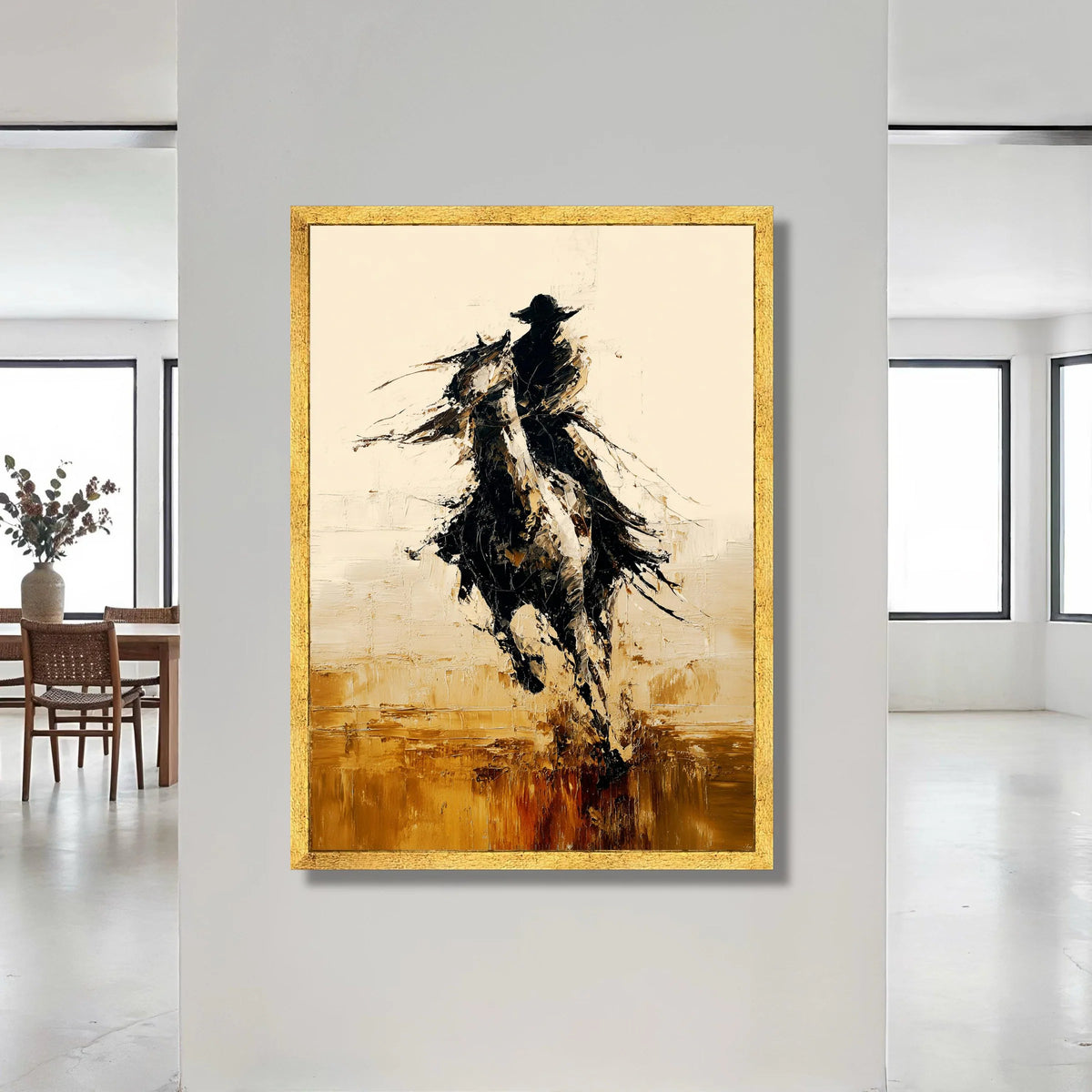 Abstract Cowboy Riding Horse Canvas, Western Rodeo Wall Art, Dynamic Movement Canvas Decor, Equestrian Silhouette Painting, Canvas Print Art