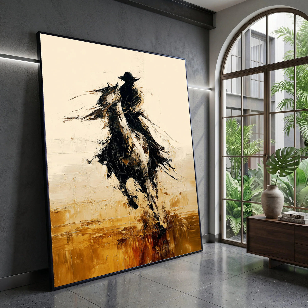 Abstract Cowboy Riding Horse Canvas, Western Rodeo Wall Art, Dynamic Movement Canvas Decor, Equestrian Silhouette Painting, Canvas Print Art
