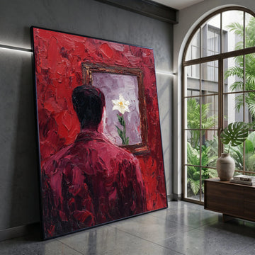 Contemplative Man with Floral Reflection Canvas, Red Abstract Wall Art, Emotional Modern Painting, Unique Home Decor Canvas Canvas Print Art