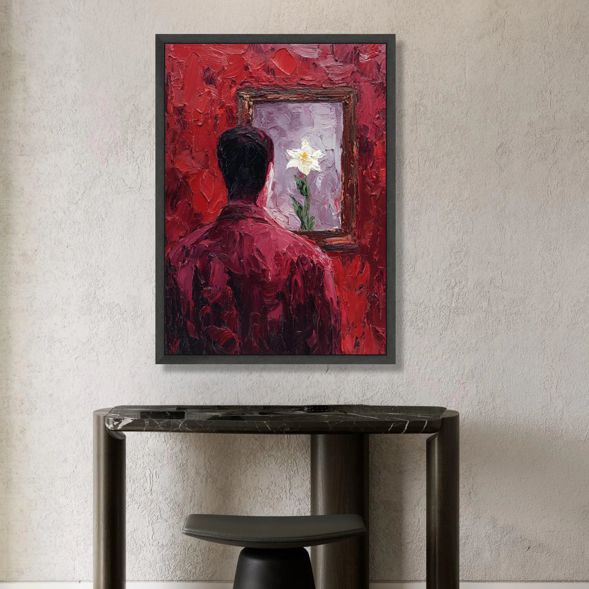 Contemplative Man with Floral Reflection Canvas, Red Abstract Wall Art, Emotional Modern Painting, Unique Home Decor Canvas Canvas Print Art