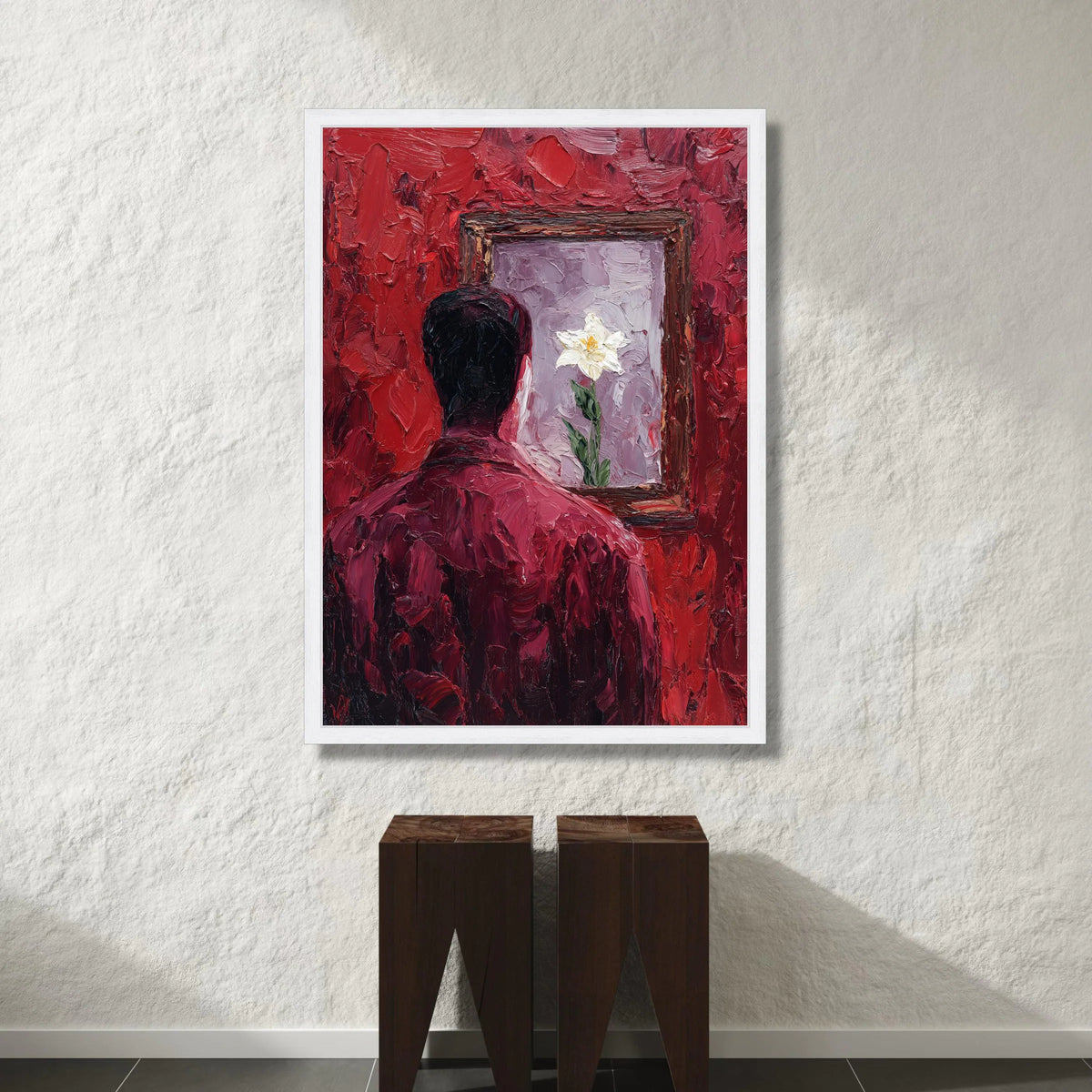 Contemplative Man with Floral Reflection Canvas, Red Abstract Wall Art, Emotional Modern Painting, Unique Home Decor Canvas Canvas Print Art