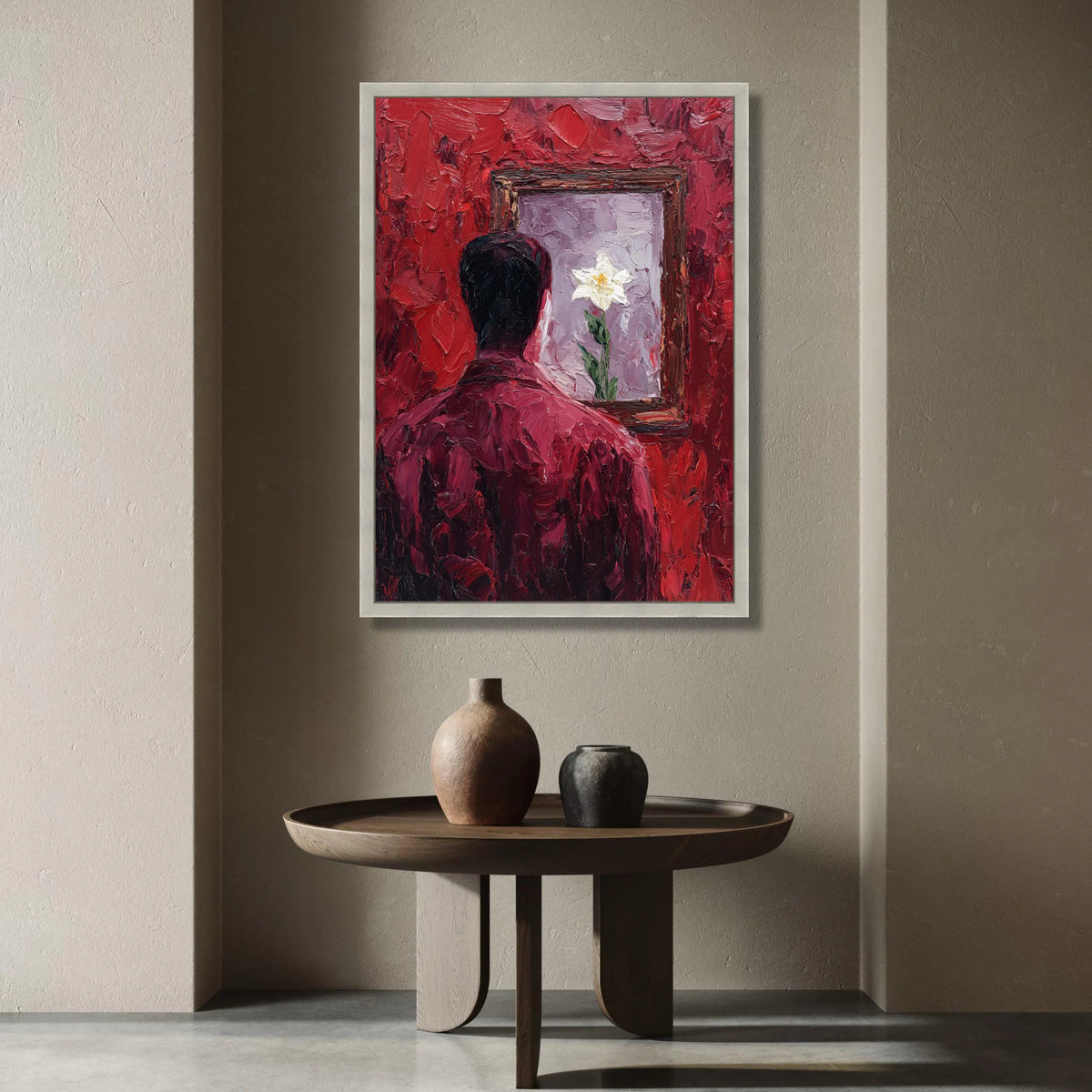 Contemplative Man with Floral Reflection Canvas, Red Abstract Wall Art, Emotional Modern Painting, Unique Home Decor Canvas Canvas Print Art