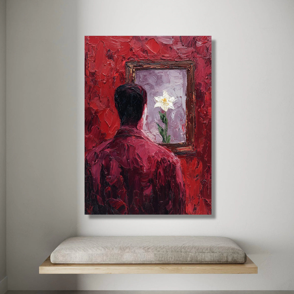 Contemplative Man with Floral Reflection Canvas, Red Abstract Wall Art, Emotional Modern Painting, Unique Home Decor Canvas Canvas Print Art