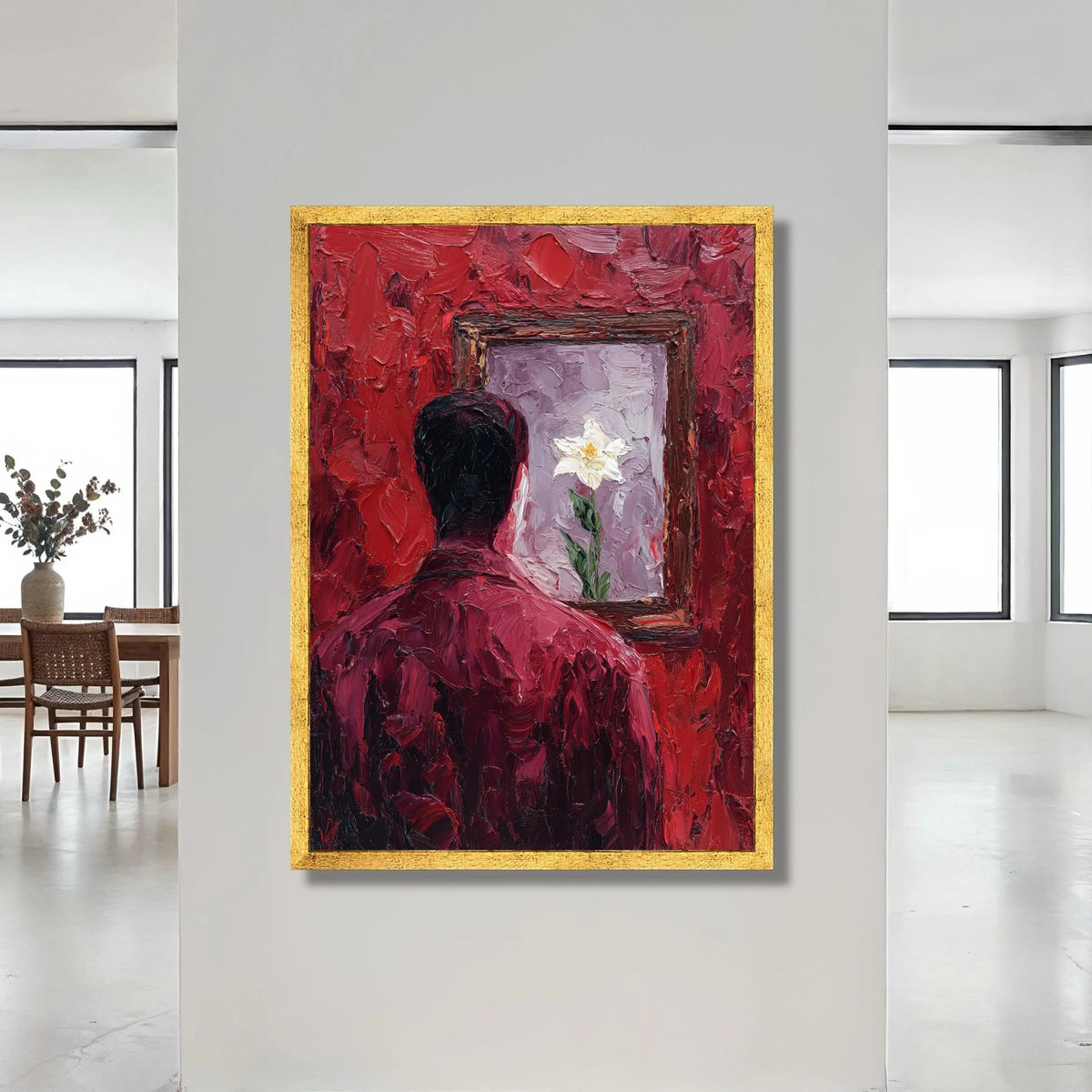 Contemplative Man with Floral Reflection Canvas, Red Abstract Wall Art, Emotional Modern Painting, Unique Home Decor Canvas Canvas Print Art
