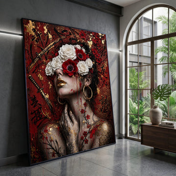 Enigmatic Geisha with Floral Crown, Red and White Roses Canvas, Asian Calligraphy Wall Art, Golden Accents Portrait Canvas, Canvas Print Art