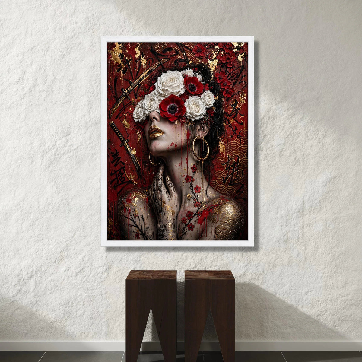 Enigmatic Geisha with Floral Crown, Red and White Roses Canvas, Asian Calligraphy Wall Art, Golden Accents Portrait Canvas, Canvas Print Art