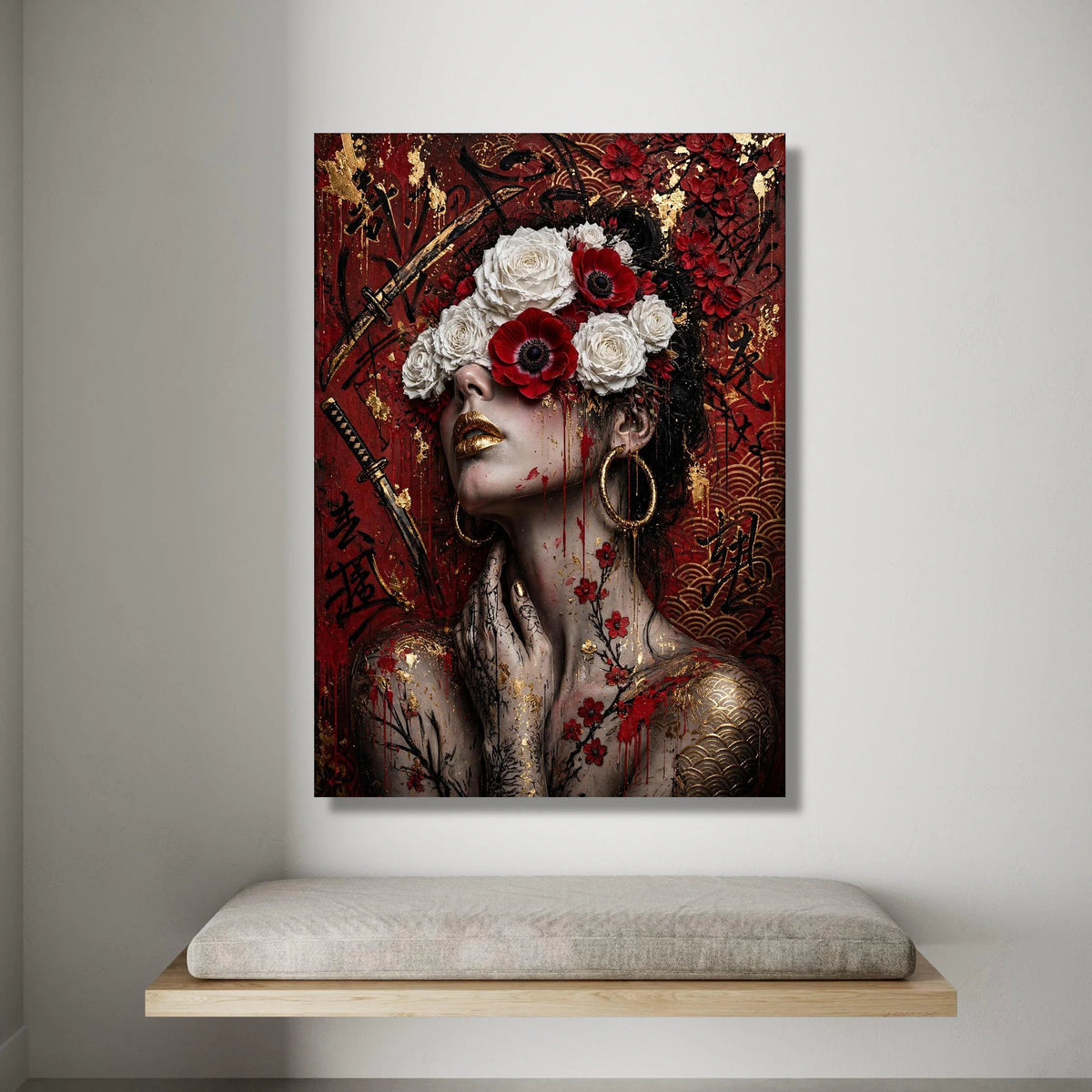 Enigmatic Geisha with Floral Crown, Red and White Roses Canvas, Asian Calligraphy Wall Art, Golden Accents Portrait Canvas, Canvas Print Art