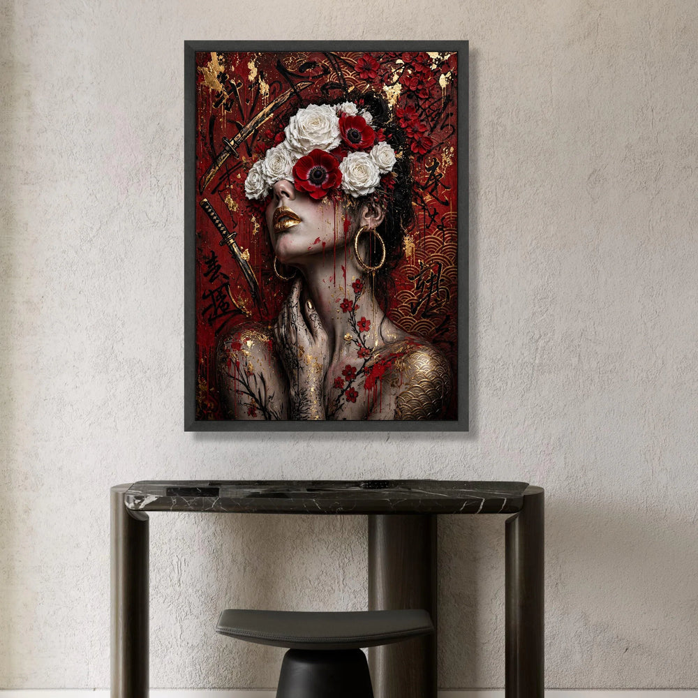 Enigmatic Geisha with Floral Crown, Red and White Roses Canvas, Asian Calligraphy Wall Art, Golden Accents Portrait Canvas, Canvas Print Art
