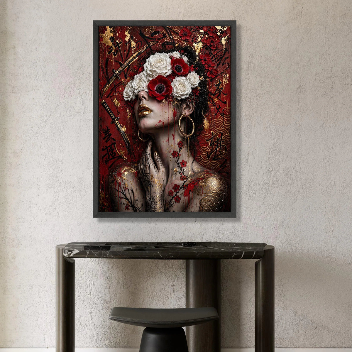 Enigmatic Geisha with Floral Crown, Red and White Roses Canvas, Asian Calligraphy Wall Art, Golden Accents Portrait Canvas, Canvas Print Art