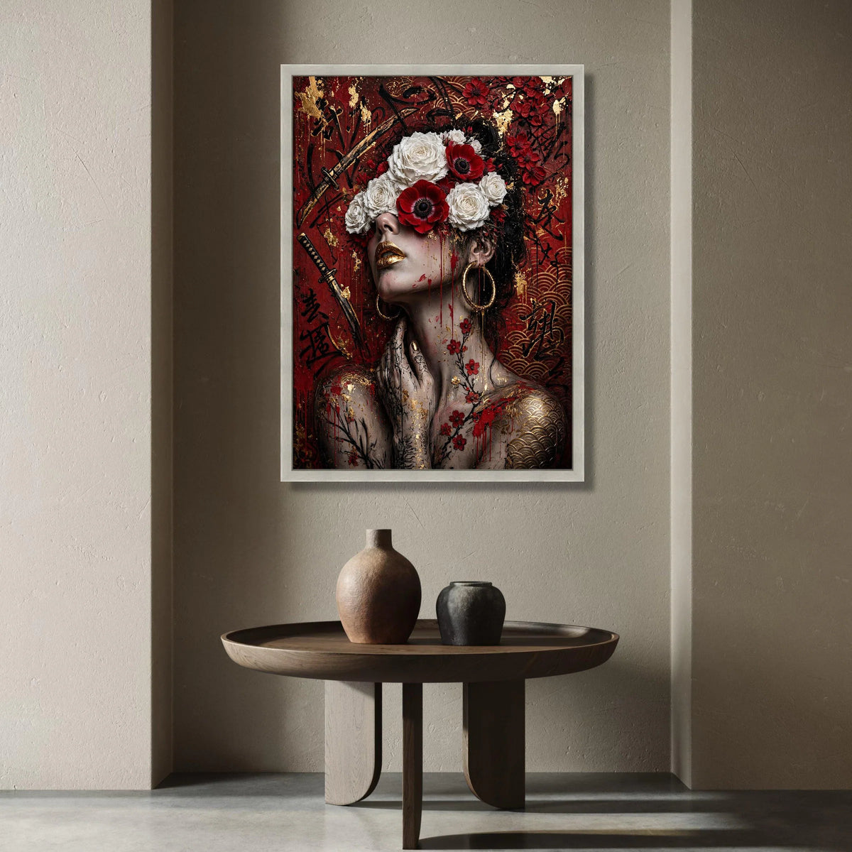 Enigmatic Geisha with Floral Crown, Red and White Roses Canvas, Asian Calligraphy Wall Art, Golden Accents Portrait Canvas, Canvas Print Art