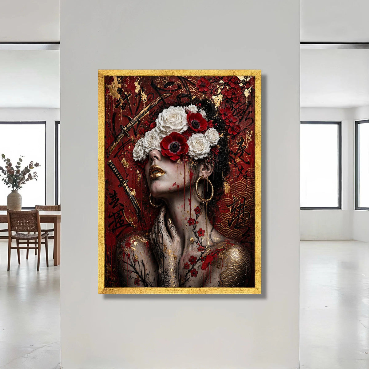 Enigmatic Geisha with Floral Crown, Red and White Roses Canvas, Asian Calligraphy Wall Art, Golden Accents Portrait Canvas, Canvas Print Art
