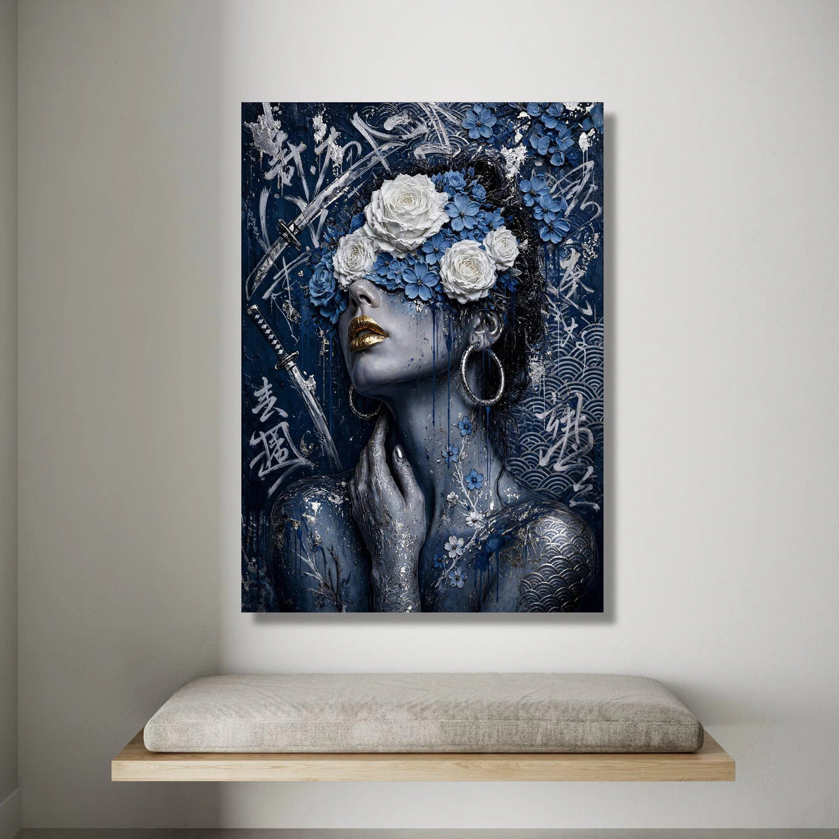 Elegant Woman Portrait Canvas, Blue Floral Headpiece, Samurai Sword Art, Asian Calligraphy Wall Art, Modern Decorative Canvas Print Art